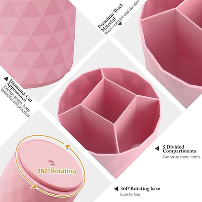 Cute Pencil Holders For Desk,360-Degree Rotating Pen Holders For Home Office,Diamond-like Pen Organizer With 5 Compartments,Stylish Desk Accessories For Office,School ,Home ,Art Supply (Pink)
