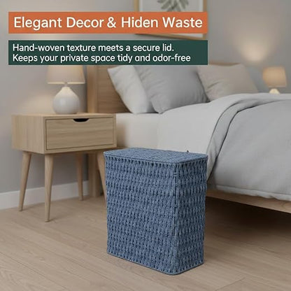 3 Gallon Paper Rope Bathroom Trash Can,Small Wicker Trash Cans with Lid and Liner,Woven Rattan Narrow Waste Basket for Bedroom,Office,Blue