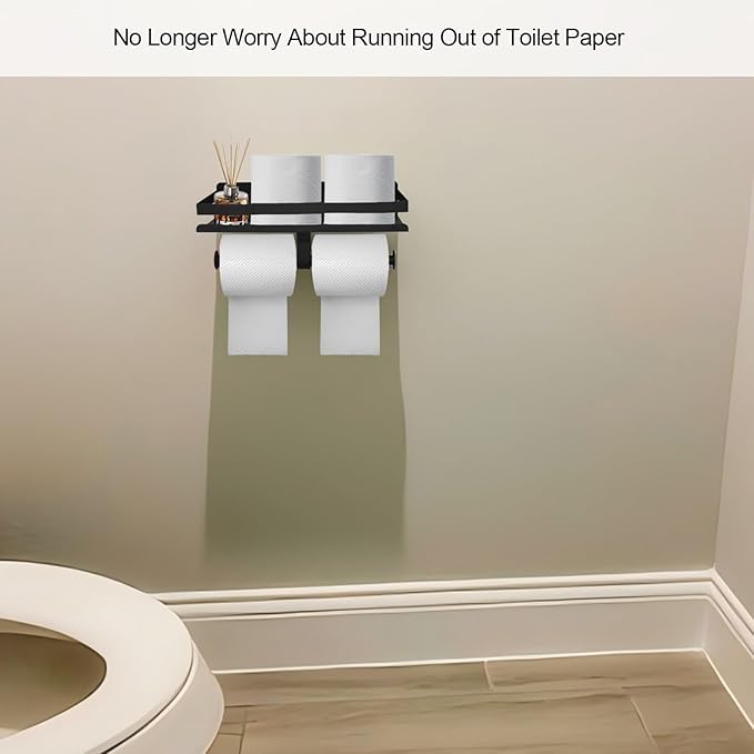Matte Black Toilet Paper Holder with Shelf Wall Mounted,Stainless Steel Double TP Roll Tissue Holder for Bathroom(1, Matte Black)