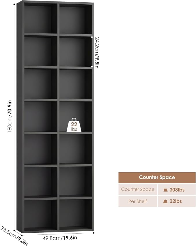 FOTOSOK 71'' Tall Bookshelf Set of 2, 7 Tier Large Black Bookshelf with Adjustable Shelves, Wide Bookcases and Bookshelf, DVD/CD Media Tower Storage, Cube Book Shelf Display Shelf Cabinet, Black