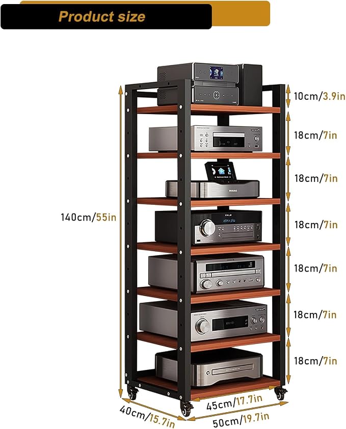 7 Tier AV Media Stand, 55in Audio Rack Tower Stereo Components Cabinet, Home Theatre CD Record Player Stereo Receiver Equipment Rack with Adjustable Wood Shelves, Load 400lbs (Teak Brown)