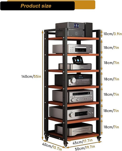 7 Tier AV Media Stand, 55in Audio Rack Tower Stereo Components Cabinet, Home Theatre CD Record Player Stereo Receiver Equipment Rack with Adjustable Wood Shelves, Load 400lbs (Teak Brown)