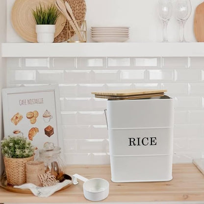 Rice Container Metal Rice Storage Bin, Rice Storage Box with Airtight Bamboo Lid & Scoop, Food Storage Container for Rice Flour Soybean Grain Cereal (White)