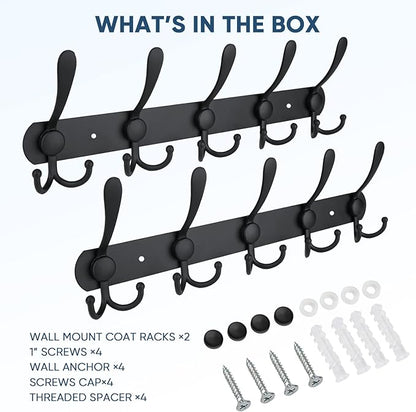 TICONN Wall Mounted Coat Rack, Five Heavy Duty Tri Hooks All Metal Construction for Jacket Coat Hat in Mudroom Entryway (Matte Black, 2-Pack)