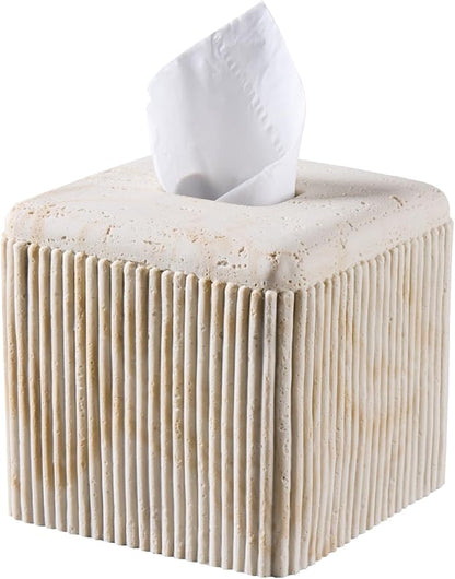 Natural Travertine Texture Striped Square Tissue Box Cover Decorative,Resin Heavy Sturdy Tissue Box Holder, Facial Paper Holder for Bathroom Vanity Countertop, Bedroom Night Stand,Office and End Table