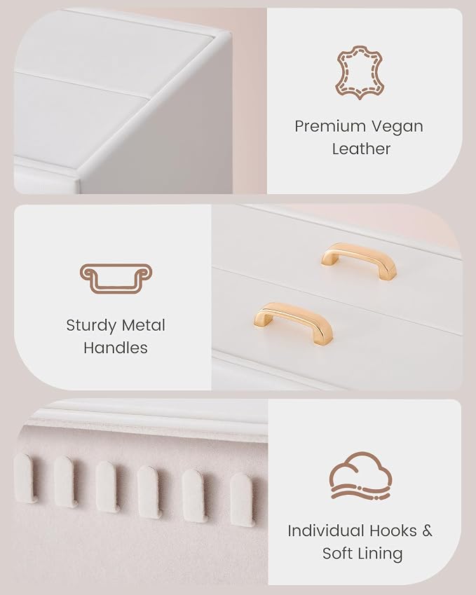 Lolalet Upgraded Double-Sided Hanging Necklace Organizer Box, Jewelry Display Case with Double-Sided Clear Window for Necklaces Bracelets, Tangle-Free Necklace Storage Box, White, 2-Layer 40 Hooks