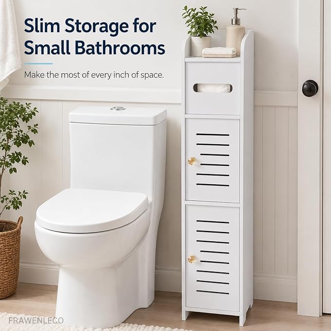 Toilet Paper Holder Stand with Storage Cabinet, Slim Floor Standing Shelf, White, 5.9" D x 5.9" W x 31.5" H, for Small Bathroom Spaces