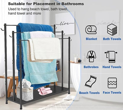 Extra Large Free Standing Towel Rack with Metal Storage Shelf & 6 Hooks for Bathroom, 3 Tiers Heavy Duty Blanket Drying Stand Holder for Outdoor Pool, Bedroom, Living Room, Black