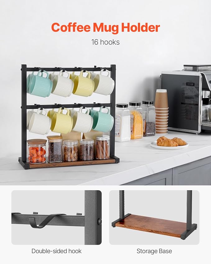 VEVOR Coffee Mug Holder for Countertop, 16 Hooks Coffee Cup Holder with Storage Base, 2 Tier Mugs Tree Rack Carbon Steel & Wood Mug Display Stand, for Coffee Bar Home Storage and Display