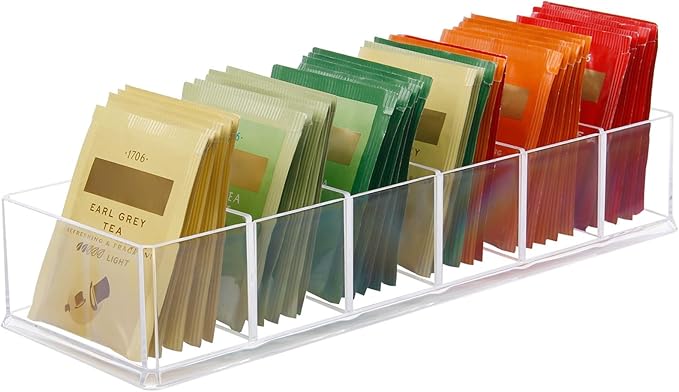 Tea Bag Organizer, Acrylic Tea Bag Holder, Clear Small Tea Packet Storage Box,Water Drink Packet Holder Organizer for Drawer, Countertop, Pantry, Kitchen, Cabinet, Shelf, 1 Pack