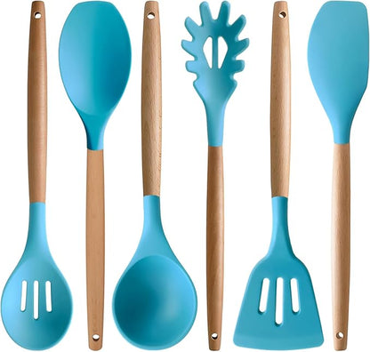 IOCBYHZ Kitchen Utensils Set 6-Piece Non-Stick Silicone Cooking Utensils Set, Wood Handle Heat Resistant Spatula Spoon Turner Ladle Pasta Server Cooking Kitchen Gadgets BPA Free for Nonstick Cookware