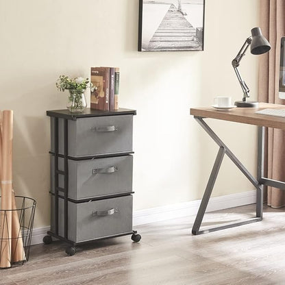 MAX Houser Dresser Tower with 3 Drawers for Bedroom, Fabric Storage Organizer Unit, Chest of Drawers with with WoodTop, Small Vertical Storage for Guest Room, Closet, Entryway(Grey)