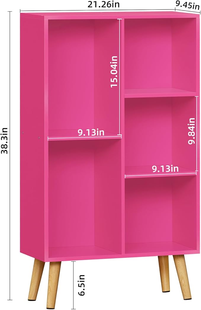 LEYAOYAO 5 Cube Bookshelf, 3-Tier Bookcase with Legs, Pink Kids Book Shelf Cute Storage Organizer, Free Standing Open Toy Shelves Modern Bookshelves,Wood Display Bookcases for Bedroom,Living Room