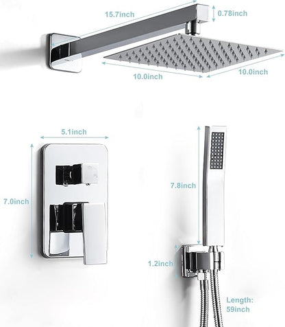 Chrome Shower System 10 Inch, Rain Shower Head with Handheld Spray, Luxury Rain Shower Set Square Wall Mount for Bathroom with Rain Shower and Handheld Shower System