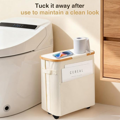 Upgraded Toilet Paper Storage Organizer with Lockable Wheels, 33L Slim Bathroom Hamper – Holds 16 Rolls, Mobile Laundry Basket for Bathroom, Bedroom, Dorm, Foldable & Waterproof (Beige)