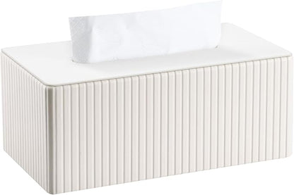 KINGFOM PU Leather Tissue Box Cover Rectangular Tissue Box Holder with Magnetic Bottom, Napkin & Facial Tissue Holder Dispenser for Home, Office (Decorative Pattern-PU Leather, Off-White Stripe)