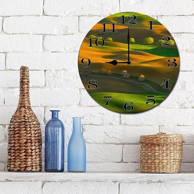Lawn Scenery Wall Clock 10 Inch Silent Non Ticking Battery Operated Wooden Modern Office Simple Minimalist Clock Decorative for Kitchen Home Bathroom Living Room