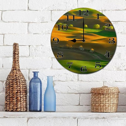 Lawn Scenery Wall Clock 10 Inch Silent Non Ticking Battery Operated Wooden Modern Office Simple Minimalist Clock Decorative for Kitchen Home Bathroom Living Room