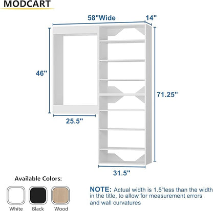 Modular closet Organizer, 58" Wide with Towers and Hanging, Wood Tower Storage for Walk-in Closets, Wall-Mounted Wardrobe Organizer Kit, Bedroom, White