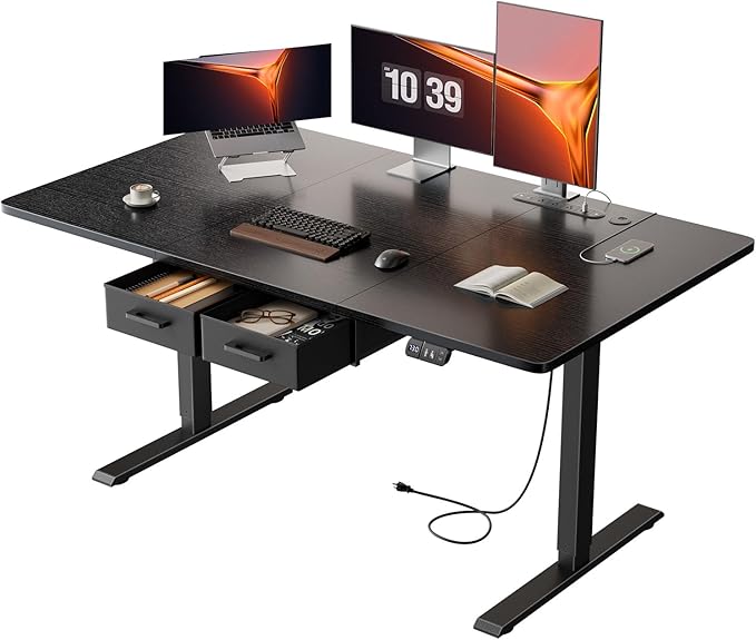 HLDIRECT Electric Standing Desk, 55 x 31.5 Inches Height Adjustable Table with Outlets, Sit Stand Computer Desk with Drawers for Home Office, Ergonomic Rising Workstation, Black
