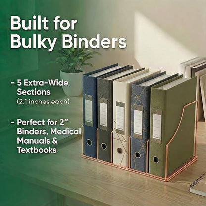 Rose Gold Binder Organizer for Desk, 5 Slot Metal Wire Vertical File Sorter with Mesh Bottom, Desktop Magazine Holder Rack for 2 Inch Binders, Medical Coding Books, Vinyl Records, 12.1"