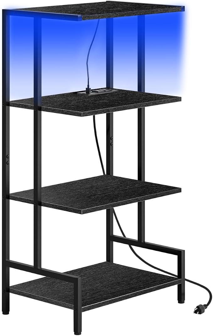 Arbuxzuy 4-Tier AV Media Stand with Power Outlet and LED Lights,Wooden Stereo Stand Cabinet,Game Console Shelf for Small Space,Audio Rack Stand Tower Ideal for Video DVD Players,Xbox