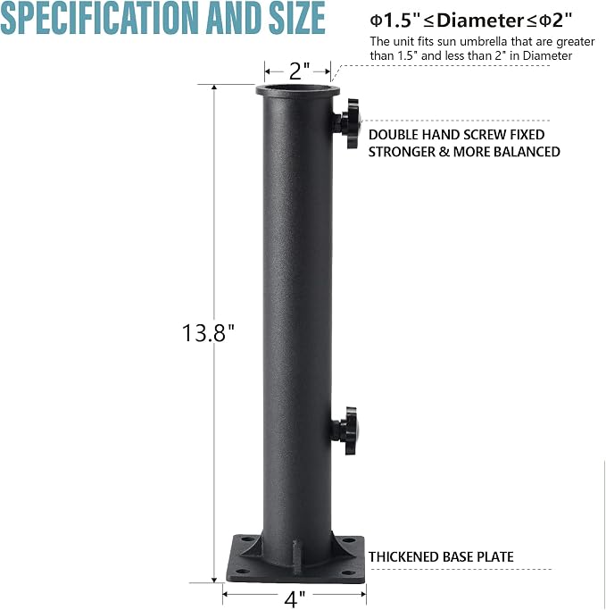 Stainless Steel Patio Umbrella Bracket for 1.5"-2" Umbrella Insert for Outdoor Ground Fixing Parasol Base (Black)