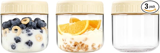Overnight Oats Containers with Lids, 10oz Wide Mouth Mason Jars with Lids, 3 Pack Glass Jars with Airtight lid for Chia Pudding Yogurt Salad, Meal Prer Oatmeal Jars, Yellow
