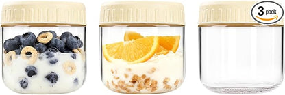 Overnight Oats Containers with Lids, 10oz Wide Mouth Mason Jars with Lids, 3 Pack Glass Jars with Airtight lid for Chia Pudding Yogurt Salad, Meal Prer Oatmeal Jars, Yellow