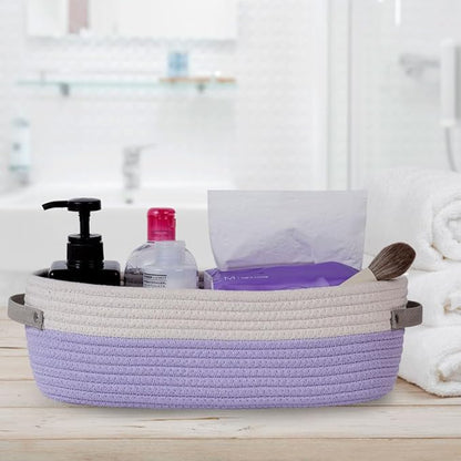 Cotton Rope Woven Basket Toilet Paper Organizer - Decorative Storage Basket for Boho Decor - 13"x5.9"x4" Purple