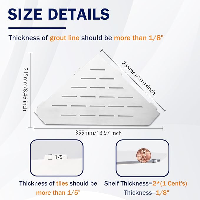 10" Corner Shower Shelf 2 Pcs Brushed 304 Stainless Steel Diamond Heavy Duty Floating Corner Shelves Slot Design Recessed Bathroom Shower Shelf for 90° Tiled Wall, No Drilling Needed