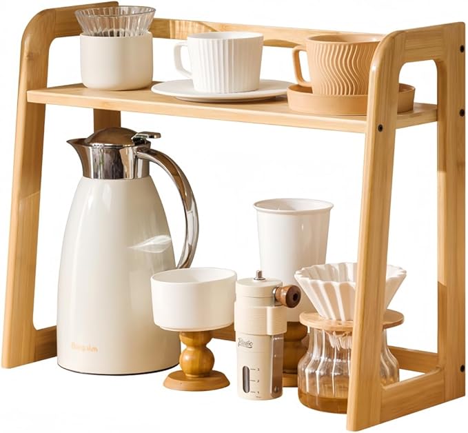 Natural Bamboo Coffee Station Organizer, 2-Tier Wooden Kitchen Counter Shelf for Bar Accessories, Multi-Functional Countertop Storage Rack for Syrup Bottles & Coffee Essentials (Natural Bamboo)