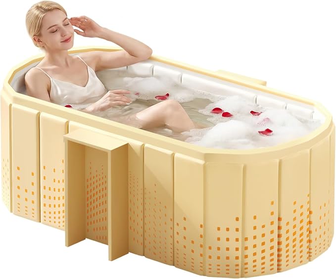Portable Foldable Bathtub, Freestanding Bathtub No Installation, Bathroom SPA Soaking Bath Tub, Shower Stall Collapsible Hot & Ice Bath Tub (Yellow with Storage Rack, 47.2"L x 21.6"W x 19.6"H)