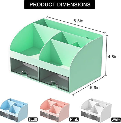 COMFYROOM Desk Organizer with 6 Compartments and 2 Drawers, Plastic Makeup Organizer, Pen Holder for Desktop Storage, Desk Organization for School, Home, Office Supplies (Mint Green)