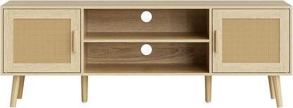 TV Stand for 55-65inch TV, Rattan Entertainment Center with Soft Hinge Door,TV Console Table with 2 Cabinets with Gold Handle and Feet,for Living Room, Bedroom, Natural