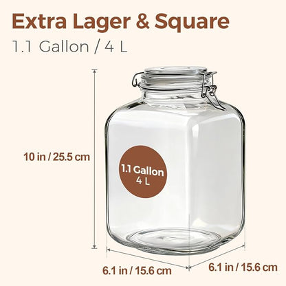 ComSaf 1.1 Gallon (4L) Square Glass Jars 2-Pack - Large Airtight Food Storage Canisters with Clamp Lids for Bulk Flour, Rice, Sugar, Coffee Beans, Fermentation, Pickling, Farmhouse Pantry Organization