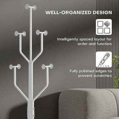 Coat Rack Freestanding with 10 Hooks, Metal Coat Rack Stand, Heavy Duty Standing Coat Tree with Sturdy Round Base for Clothes, Hat, Jacket/Entryway, Hallway, Bedroom, White