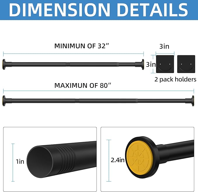 CorkLatta Matte Black Shower Curtain Rod,1 Inch Diameter Stainless Steel Adjustable Spring Tension Rods 32 to 80",with Holders,Anti-Slip,Curtain Rods No Drilling(1 Pack)