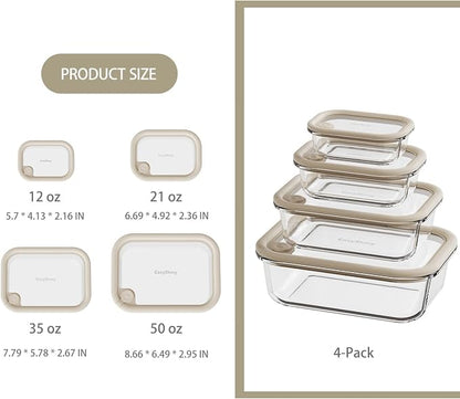 Glass Food Storage Containers with Silicone Glass Lids, Stainless Steel Salad Dressing Containers, LeakProof Food Containers Set, 4-pack 12-21-35-50 oz（White）