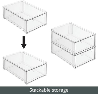 mDesign Plastic Stackable Bathroom Storage Organizer Bin Containers with Front Pull Drawer for Bathroom Countertop, Vanity, Closet Shelves - Holder for Beauty Accessories - Lumiere Collection - Clear