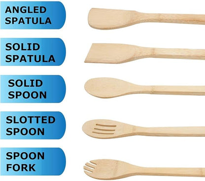 Print Supremacy 5 PCS Natural Eco-Friendly Bamboo Cooking Utensil Set/Spoon,Folk & Spatula Mix/Non Stick Wooden Kitchen Gadgets Pan Cookware Baking Cooking/Great Gift For Chefs & Foodies