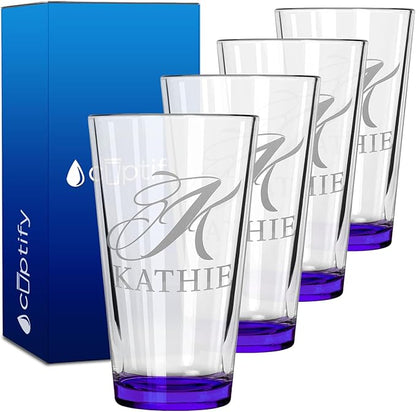 Personalized Beer Glasses Set of 4 Engraved Purple 16oz Pint Glasses for Men & Women, Custom Drinking Gift for Birthdays, Weddings, Father’s Day & More