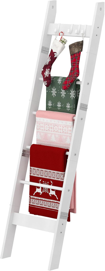 Hzuaneri Blanket Ladder for Living Room, Decorative Quilt Rack with 4 Removable Hooks, 6-Tier Farmhouse Ladder Holder Shelf Organizer for Bedroom, White BR31513W