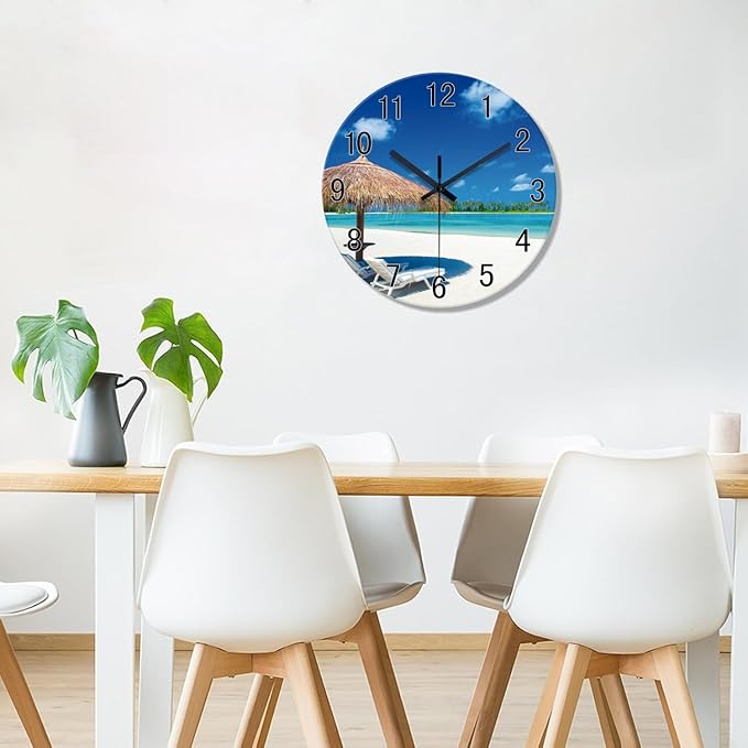 XFM Blue Beach Wall Clock 12 Inch Silent Glass Wall Clocks Battery Operated Tropical Summer Coastal Clock Decorative for Bedroom Living Room Office