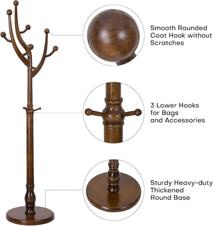 Bekrvio Wood Freestanding Coat Rack Coat Tree with Round Base, Walnut | Unique Coat Hanger Stand, Heavy Duty Standing Coat Rack, For Jacket, Hat, Bags For Entryway, Hallway, Bedroom, Apartment