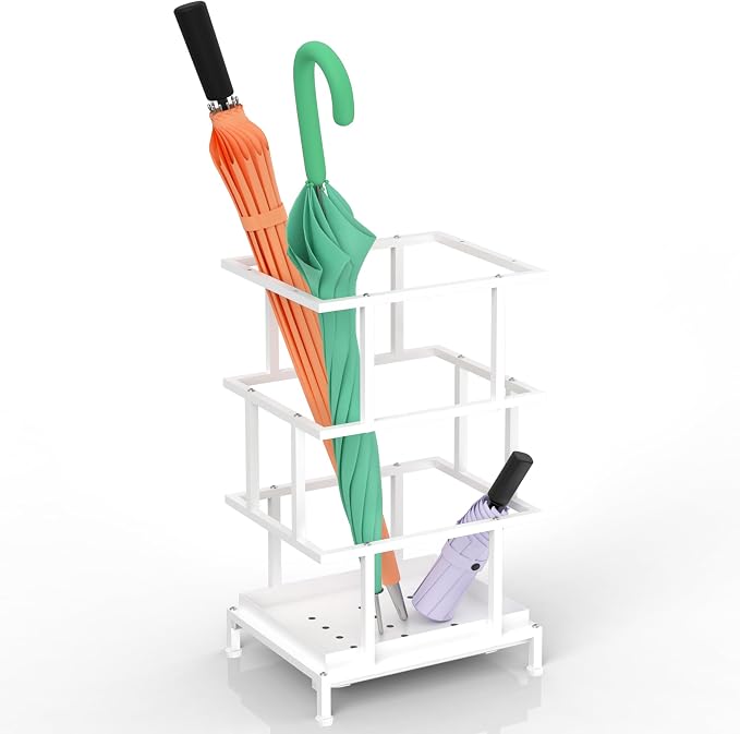 Alyoen Umbrella Holder for Entryway, Metal Umbrella Stand with Water Tray and Cane Holder, Adjustable Feet, 10.4 x 8.4 x 18.7 in, Suitable for Home, Office, and Shopping Mall (White)