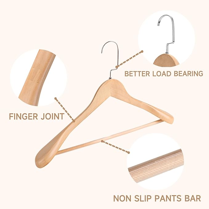 17.5" Wooden Suit Hangers with Non Slip Pants Bar, 6-Pack Wood Extra-Wide Shoulder Hangers with Flat-Head Hook for Suits, Coats, Jackets, Shirts, Pants, Heavy Clothes (Black)