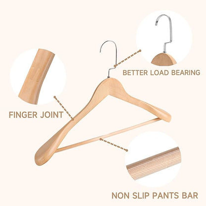 36-Pack Premium Wide Shoulder Wooden Suit Hangers, 17.5" Heavy-Duty Solid Wood Coat Hangers with Pant Bar for Men's Heavy Garments, Blazers, Jackets (Natural Wood)