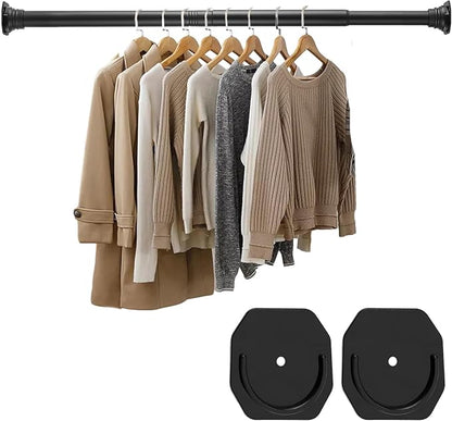 Closet Rod, 30 to 52 Inch Adjustable Closet Rods for Hanging Clothes Heavy Duty Closet Hanging Rod Matte Black Closet Poles for Wardrobes with No Drilling Holder