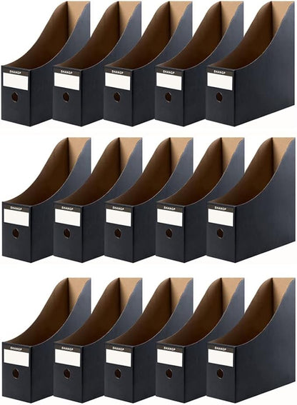 Foldable Desk File Holder Organizer Sturdy Cardboard Magazine Storage Box Document Rack with Blank Label Stickers for Home School Office (15, Matte Black)